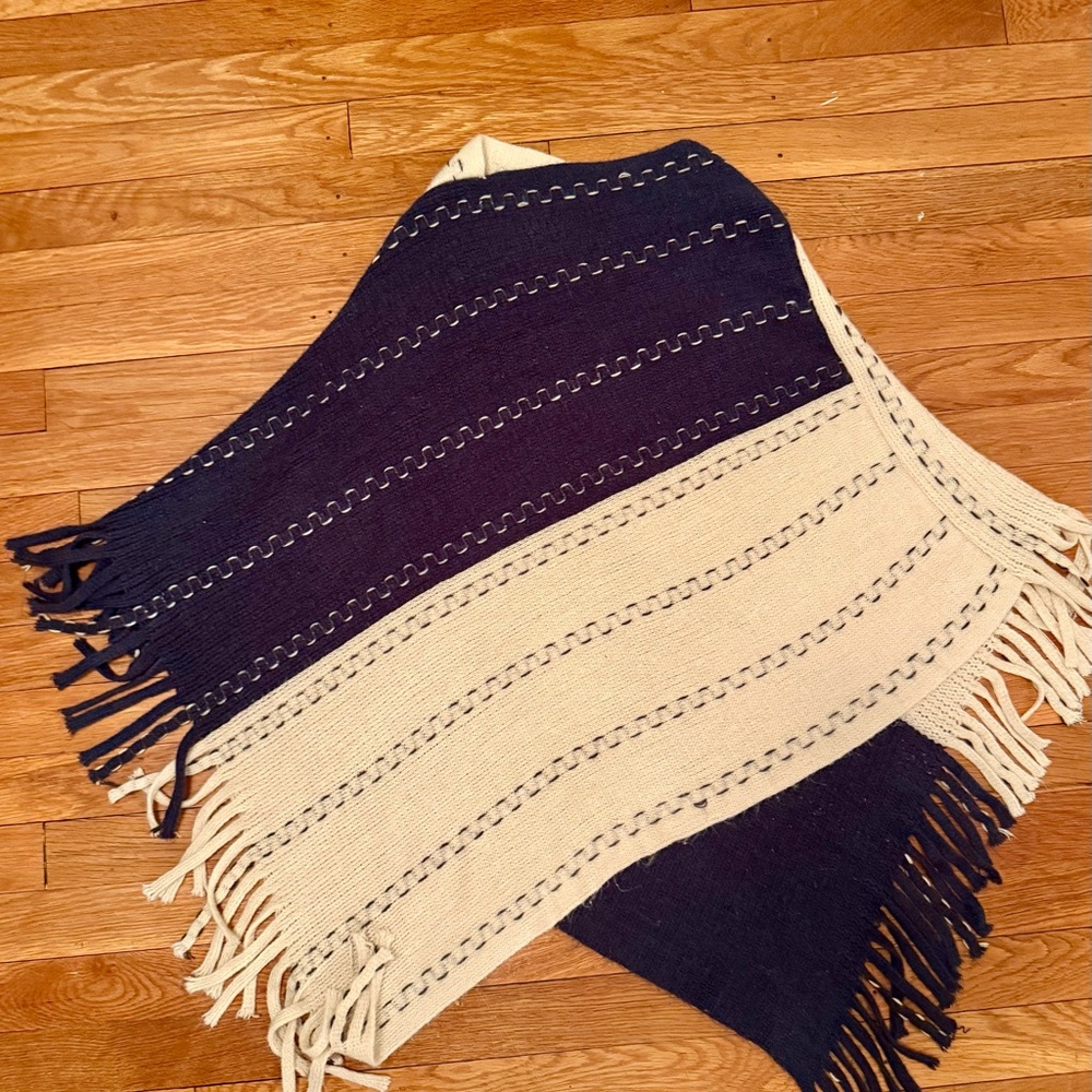 Navy and Cream Woven Poncho with fringe